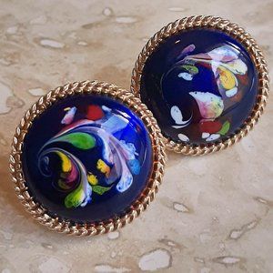 VTG Florenza Blue & Gold Swirl Painted Clip-On Earrings